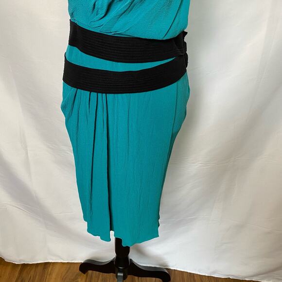 Narciso Rodriguez Teal and Black Silk Belted Drape Style Mini Dress Size 6 Women - Picture 3 of 16